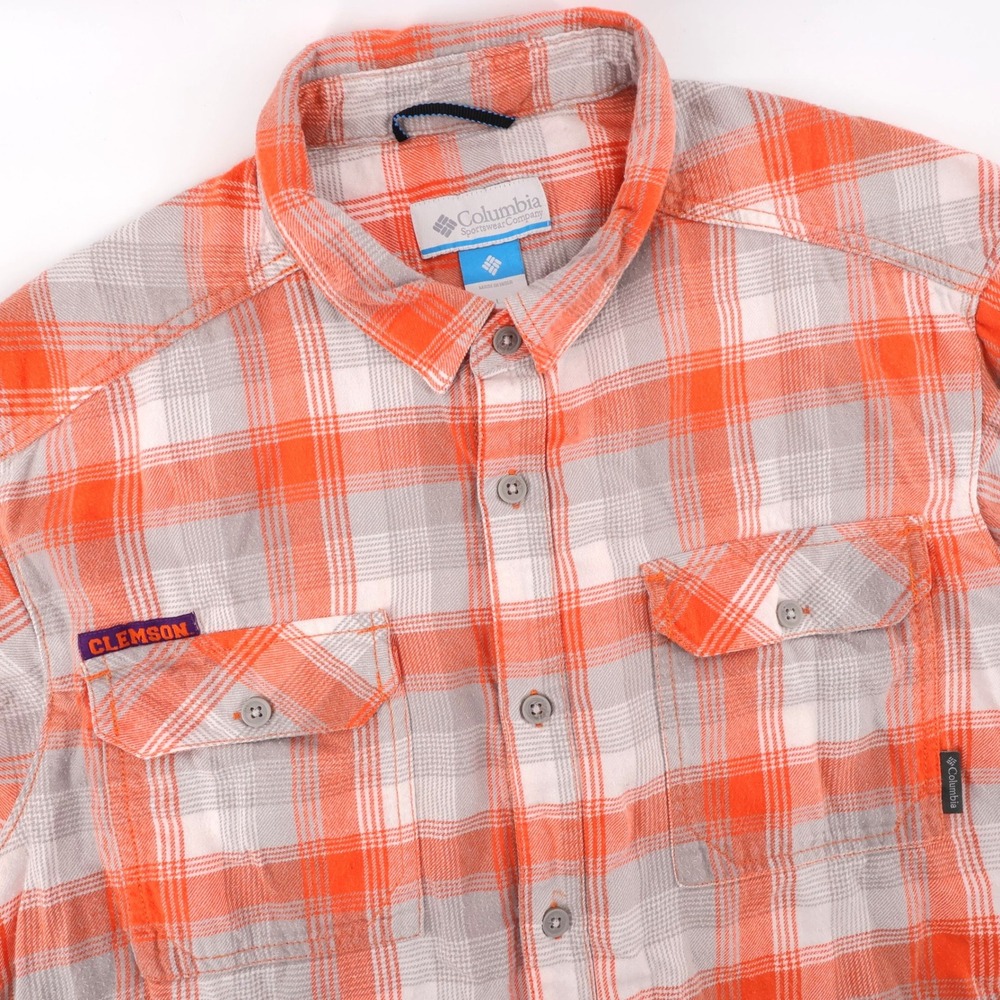 Columbia Clemson Plaid Flannel Button Down Orange Long Sleeve Mens Large Shirt